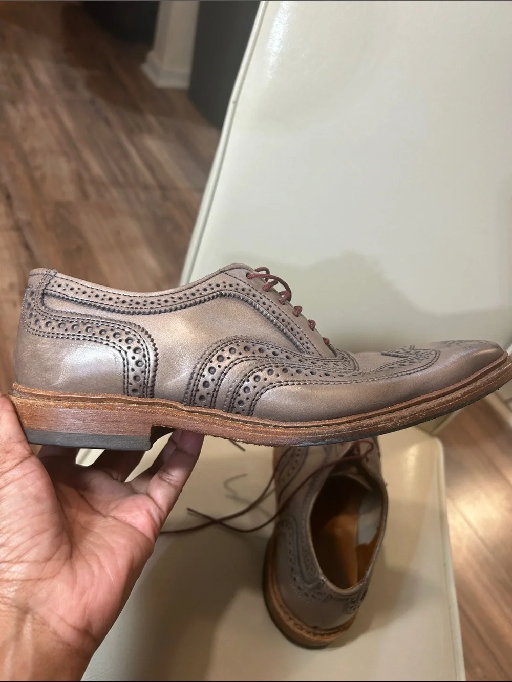 Allen Edmonds Taupe/Brown Brogue Wingtip Derby with Burgundy Laces GC/No Box